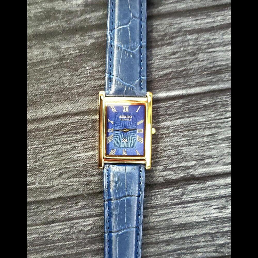 Rare Color Men's Slim Seiko Gold Tank Rectangular Blue Dial Blue Leather New Mvt